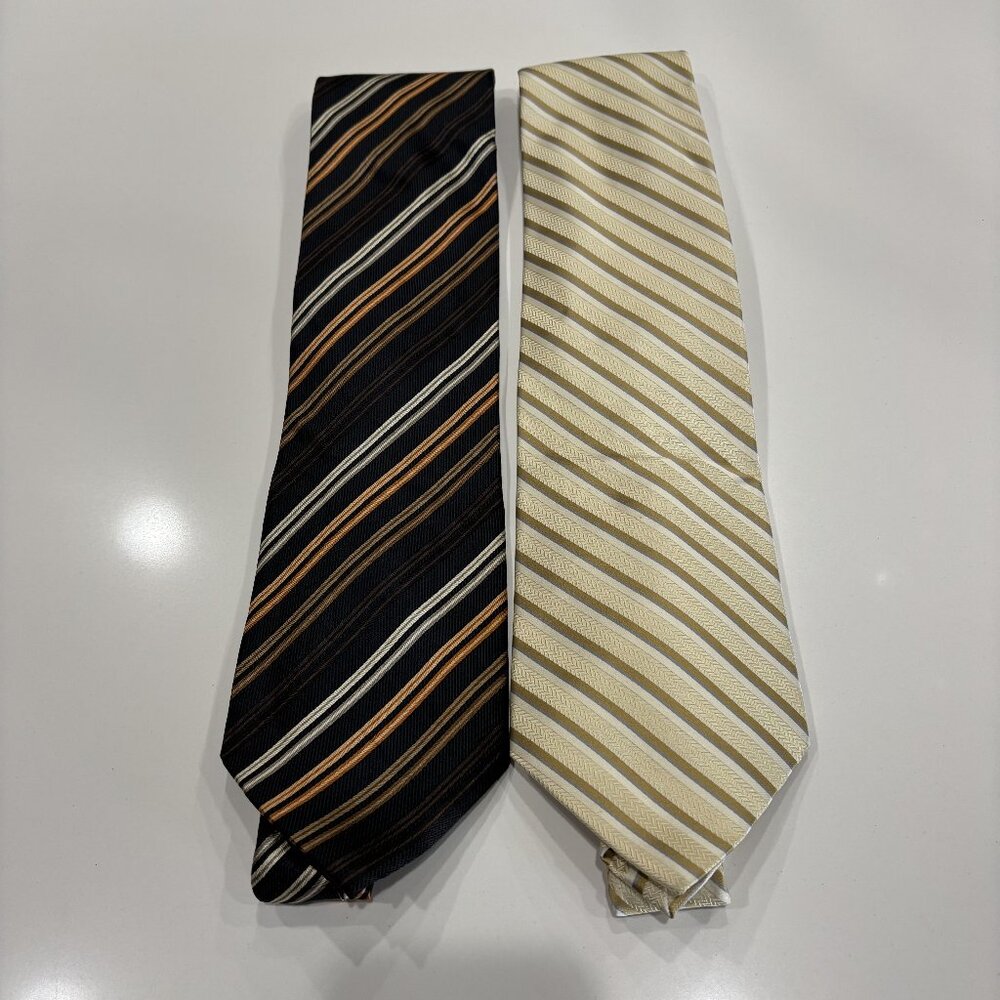 2 Men's Ties Tall Large 59.25" Striped Cream Black Pronto Uomo George 100% Silk